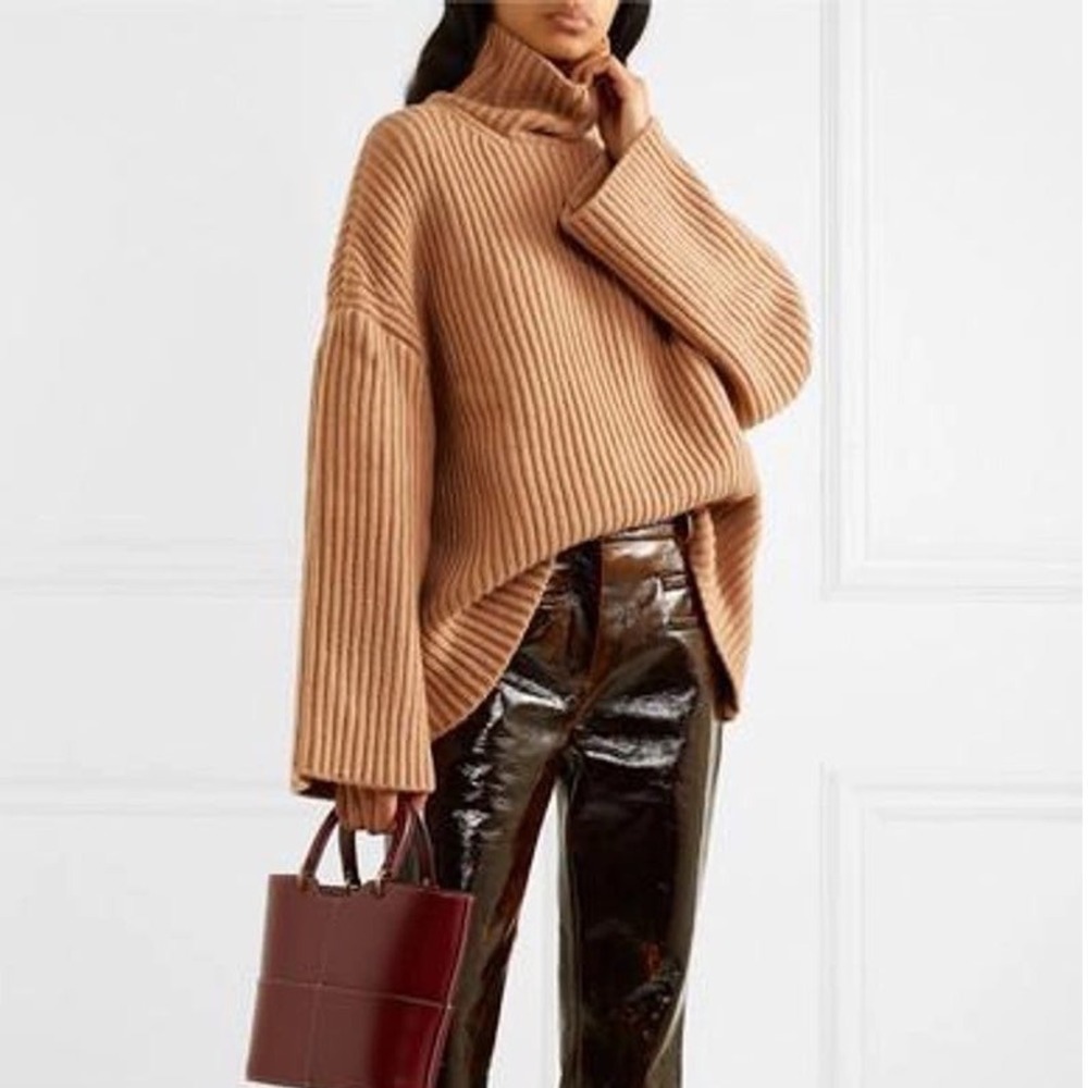 $785 NANUSHKA Raw Sweater in Camel Ribbed Turtleneck Sweater Oversized XS